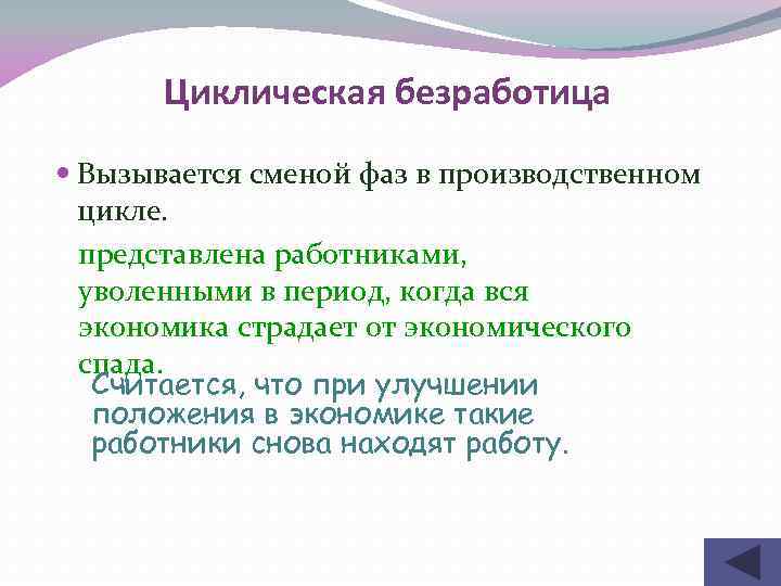 Циклическая безработица Вызывается сменой фаз в производственном цикле. представлена работниками, уволенными в период, когда