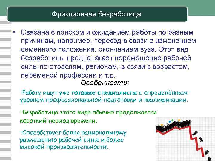 Фрикционная безработица • Связана с поиском и ожиданием работы по разным причинам, например, переезд