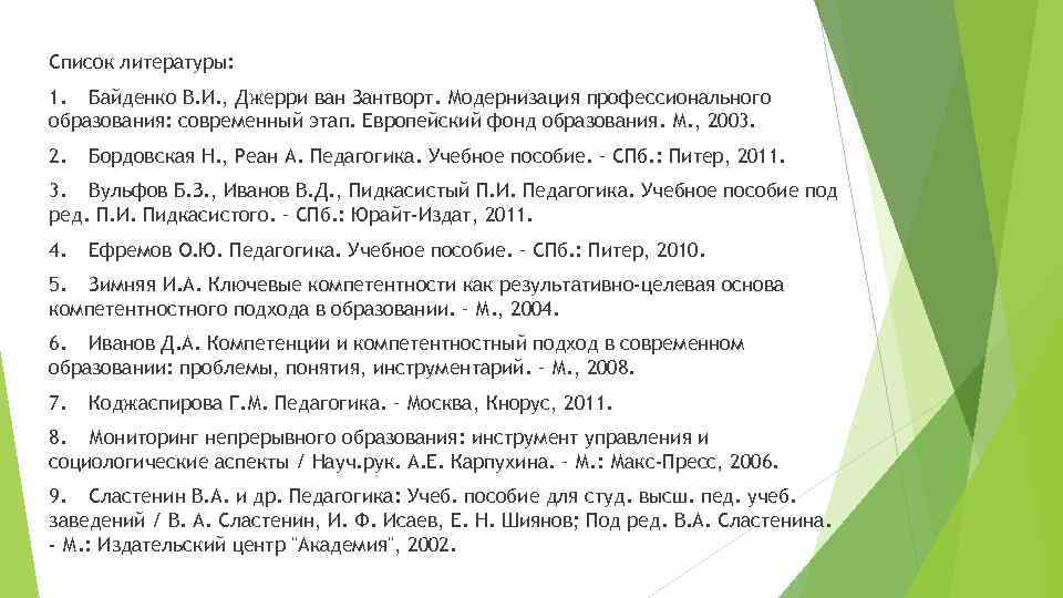Список литературы: 1. Байденко В. И. , Джерри ван Зантворт. Модернизация профессионального образования: современный