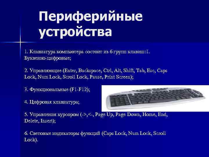 Периферийные устройства 1. Клавиатура компьютера состоит из 6 групп клавиш: 1. Буквенно-цифровые; 2. Управляющие