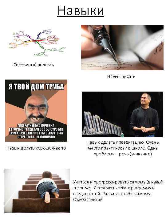 Навыки Системный человек Навык писать Навык делать хорошо/как-то Навык делать презентацию. Очень много практиковал