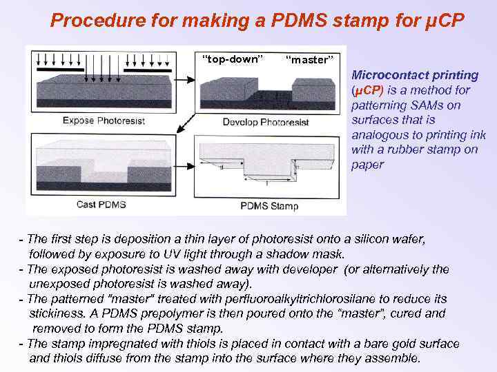 Procedure for making a PDMS stamp for µCP “top-down” “master” Microcontact printing (µCP) is