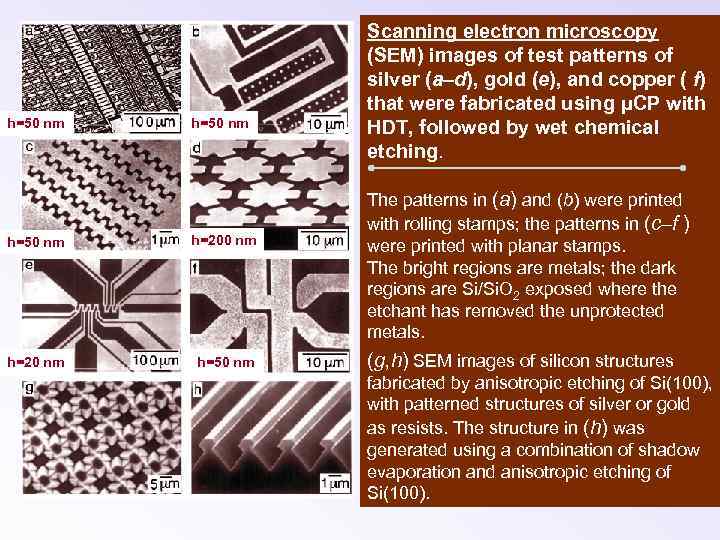 h=50 nm h=20 nm h=50 nm Scanning electron microscopy (SEM) images of test patterns