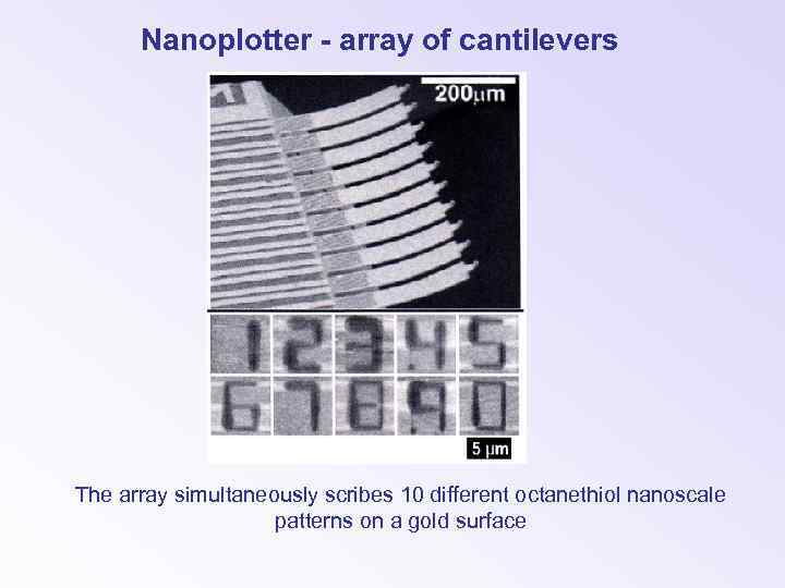 Nanoplotter - array of cantilevers The array simultaneously scribes 10 different octanethiol nanoscale patterns