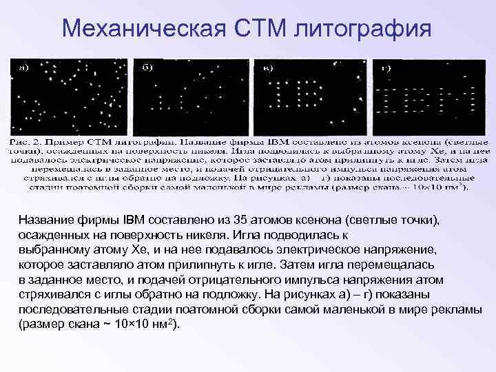 Механическая СТМ литография Название фирмы IBM составлено из 35 атомов ксенона (светлые точки), осажденных