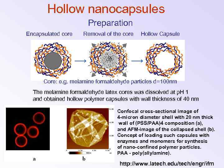 Hollow nanocapsules Preparation Encapsulated core Removal of the core Hollow Capsule Core: e. g.