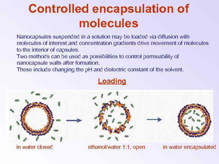 Controlled encapsulation of molecules Nanocapsules suspended in a solution may be loaded via diffusion