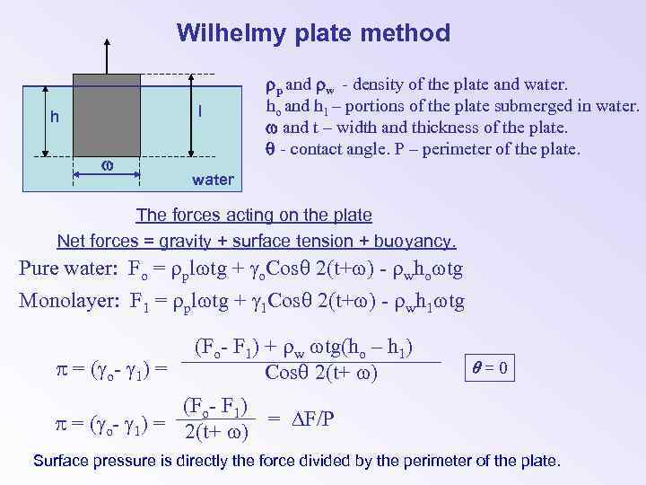 Wilhelmy plate method l h p and w - density of the plate and