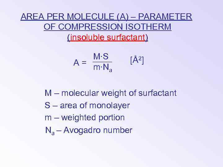 AREA PER MOLECULE (A) – PARAMETER OF COMPRESSION ISOTHERM (insoluble surfactant) M∙S A =