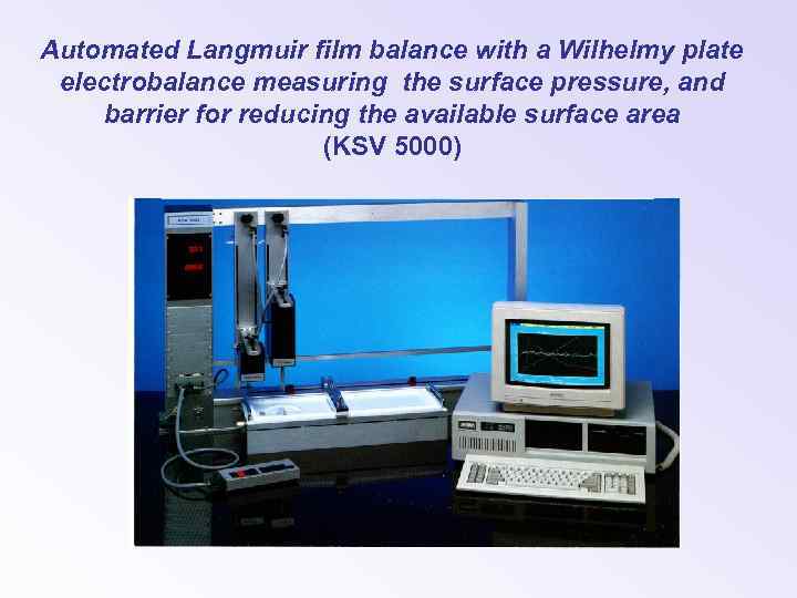 Automated Langmuir film balance with a Wilhelmy plate electrobalance measuring the surface pressure, and