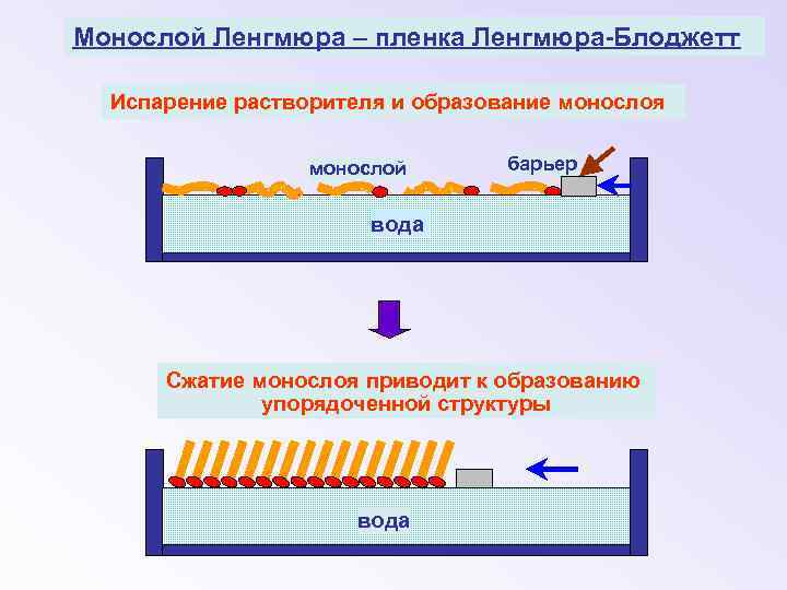 Монослой Ленгмюра – пленка Ленгмюра-Блоджетт Испарение растворителя и образование монослоя монослой барьер вода Сжатие