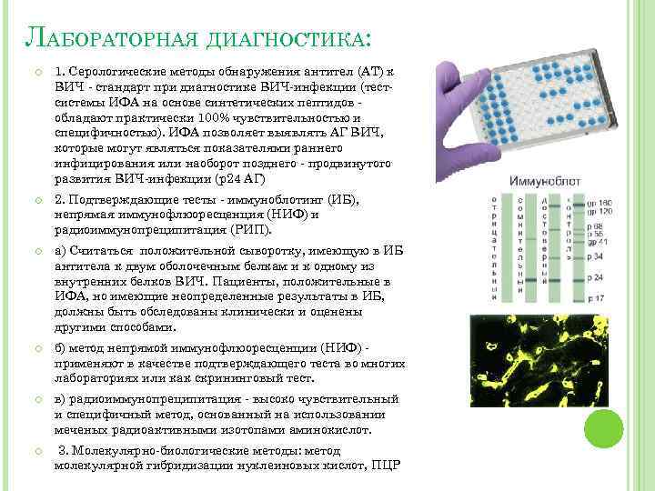 ЛАБОРАТОРНАЯ ДИАГНОСТИКА: 1. Серологические методы обнаружения антител (АТ) к ВИЧ - стандарт при диагностике