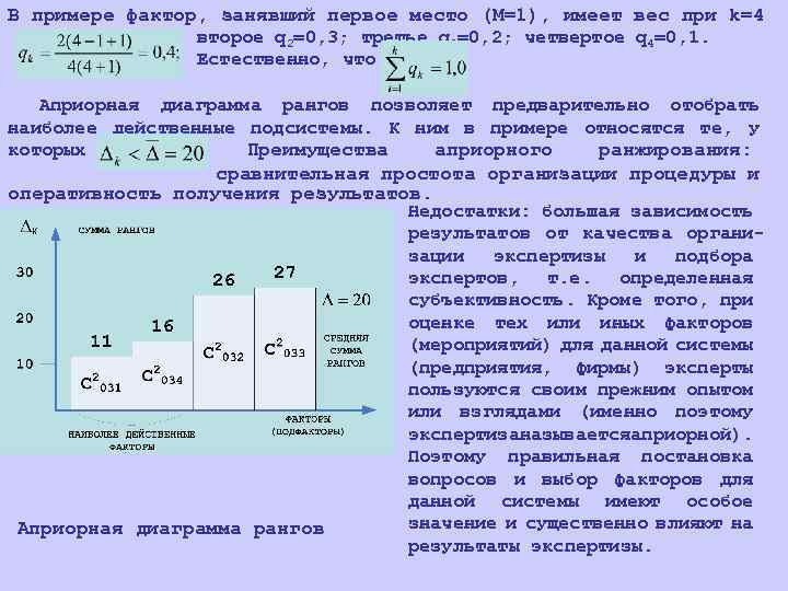 В примере фактор, занявший первое место (М=1), имеет вес при k=4 второе q 2=0,