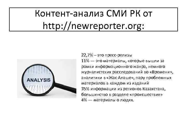 Контент-анализ СМИ РК от http: //newreporter. org: 22, 7% – это пресс-релизы 11% —