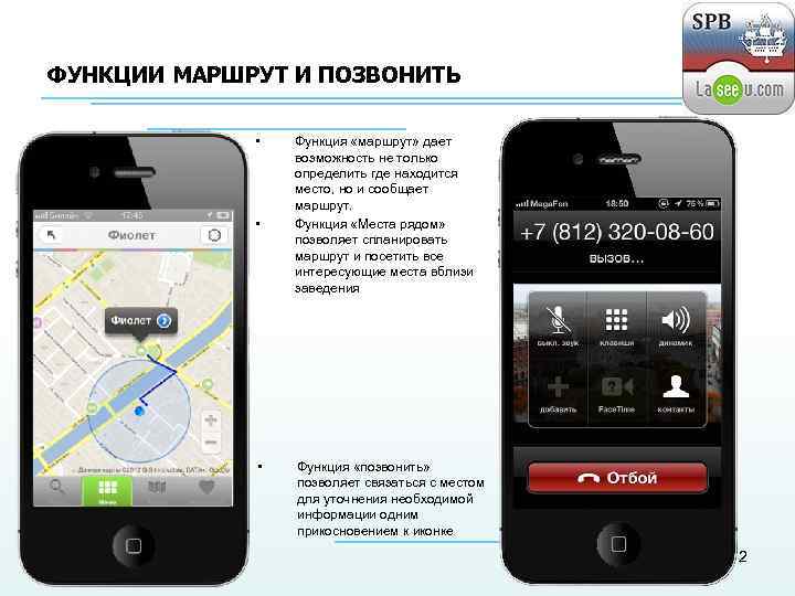 ФУНКЦИИ МАРШРУТ И ПОЗВОНИТЬ • • • Функция «маршрут» дает возможность не только определить