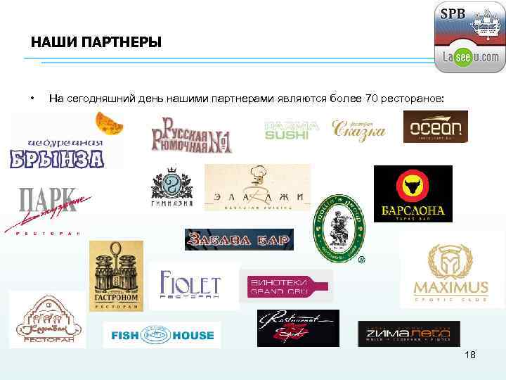НАШИ ПАРТНЕРЫ • На сегодняшний день нашими партнерами являются более 70 ресторанов: 18 