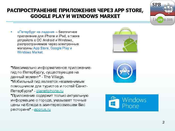 РАСПРОСТРАНЕНИЕ ПРИЛОЖЕНИЯ ЧЕРЕЗ APP STORE, GOOGLE PLAY И WINDOWS MARKET • «Петербург на ладони»