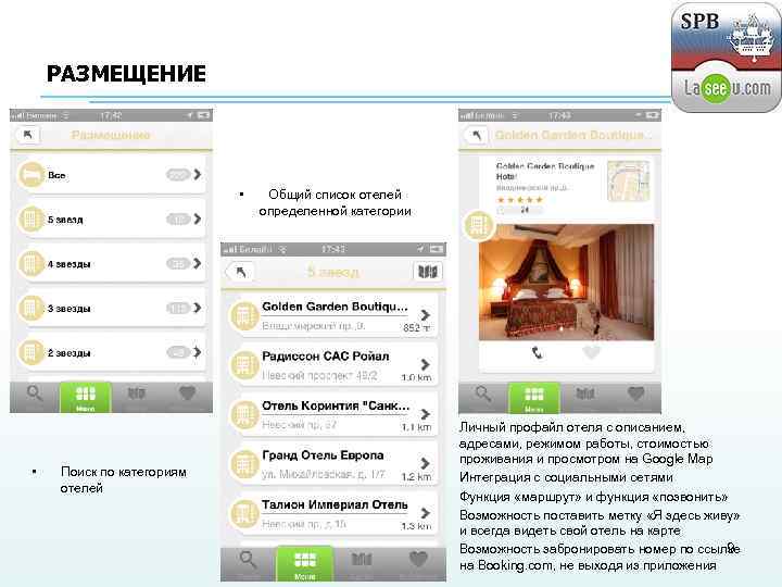 РАЗМЕЩЕНИЕ • Общий список отелей определенной категории • • Поиск по категориям отелей •