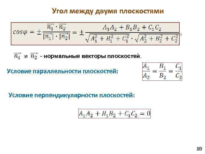 Угол между двумя плоскостями и - нормальные векторы плоскостей. Условие параллельности плоскостей: Условие перпендикулярности