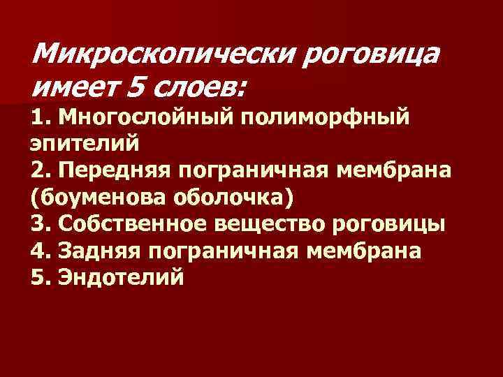Микроскопически роговица имеет 5 слоев: 1. Многослойный полиморфный эпителий 2. Передняя пограничная мембрана (боуменова