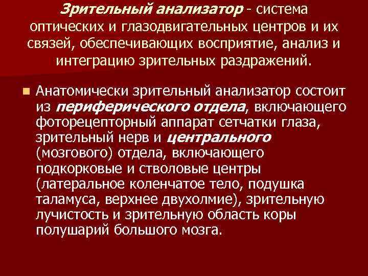 Зрительный анализатор - система оптических и глазодвигательных центров и их связей, обеспечивающих восприятие, анализ
