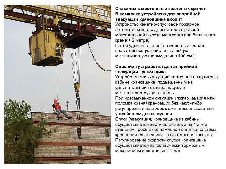 Спасение с мостовых и козловых кранов В комплект устройства для аварийной эвакуации крановщика входит: