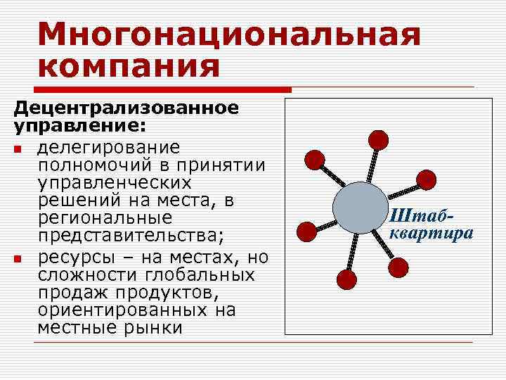 Многонациональная компания Децентрализованное управление: n делегирование полномочий в принятии управленческих решений на места, в
