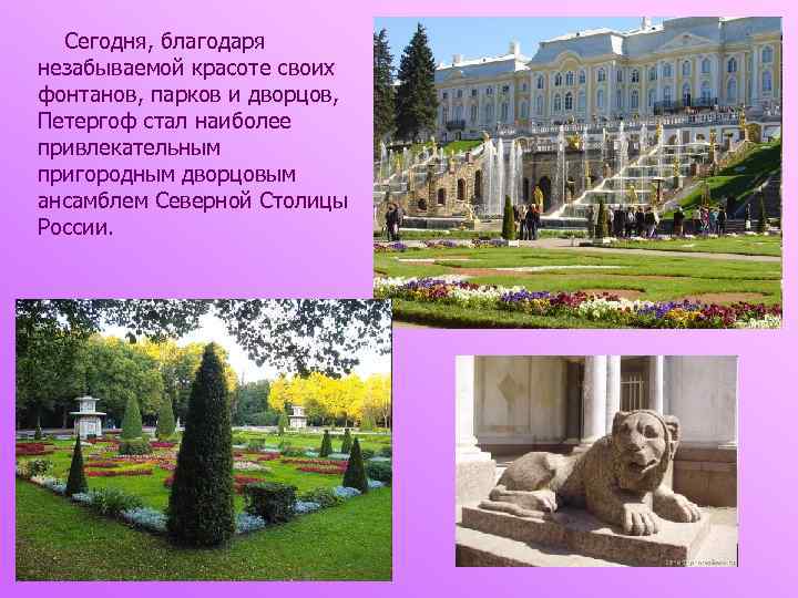  Сегодня, благодаря незабываемой красоте своих фонтанов, парков и дворцов, Петергоф стал наиболее привлекательным