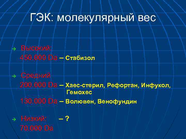 ГЭК: молекулярный вес Высокий: 450. 000 Da – Стабизол Средний 200. 000 Da –