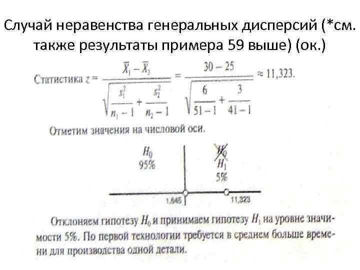 Случай неравенства генеральных дисперсий (*см. также результаты примера 59 выше) (ок. ) 