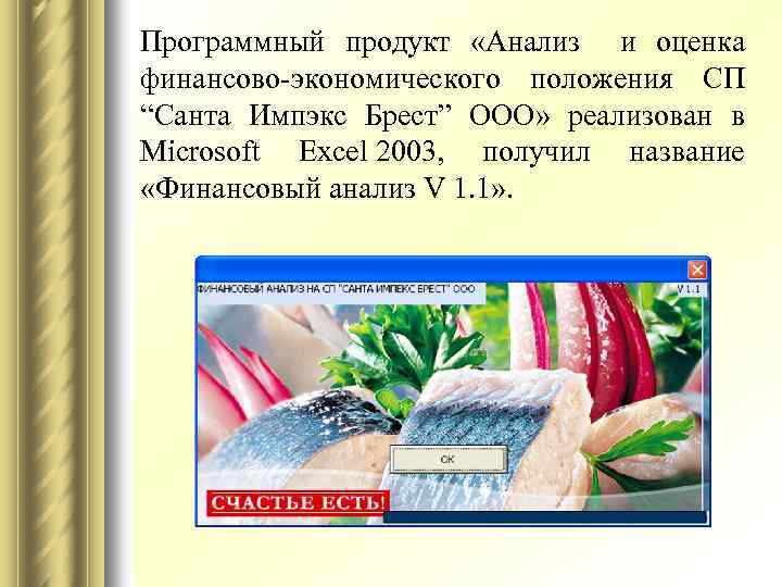 Программный продукт «Анализ и оценка финансово-экономического положения СП “Санта Импэкс Брест” ООО» реализован в