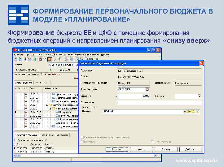 ФОРМИРОВАНИЕ ПЕРВОНАЧАЛЬНОГО БЮДЖЕТА В МОДУЛЕ «ПЛАНИРОВАНИЕ» Формирование бюджета БЕ и ЦФО с помощью формирования