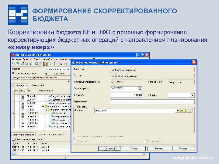 ФОРМИРОВАНИЕ СКОРРЕКТИРОВАННОГО БЮДЖЕТА Корректировка бюджета БЕ и ЦФО с помощью формирования корректирующих бюджетных операций