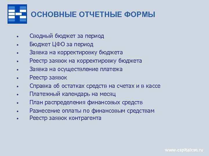 ОСНОВНЫЕ ОТЧЕТНЫЕ ФОРМЫ • • • Сводный бюджет за период Бюджет ЦФО за период