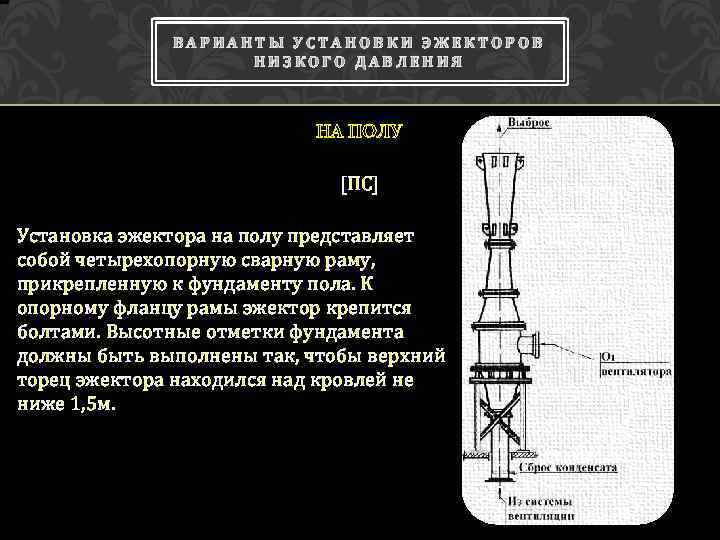ВАРИАНТЫ УСТАНОВКИ ЭЖЕКТОРОВ НИЗКОГО ДАВЛЕНИЯ НА ПОЛУ [ПС] Установка эжектора на полу представляет собой