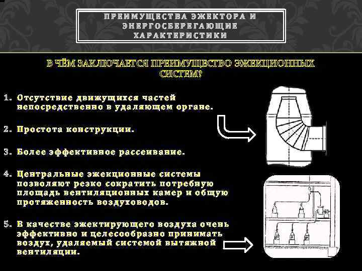 ПРЕИМУЩЕСТВА ЭЖЕКТОРА И ЭНЕРГОСБЕРЕГАЮЩИЕ ХАРАКТЕРИСТИКИ В ЧЁМ ЗАКЛЮЧАЕТСЯ ПРЕИМУЩЕСТВО ЭЖЕКЦИОННЫХ СИСТЕМ? 1. Отсутствие движущихся