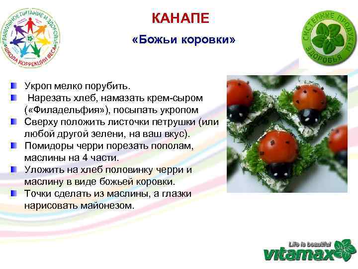 КАНАПЕ «Божьи коровки» Укроп мелко порубить. Нарезать хлеб, намазать крем-сыром ( «Филадельфия» ), посыпать