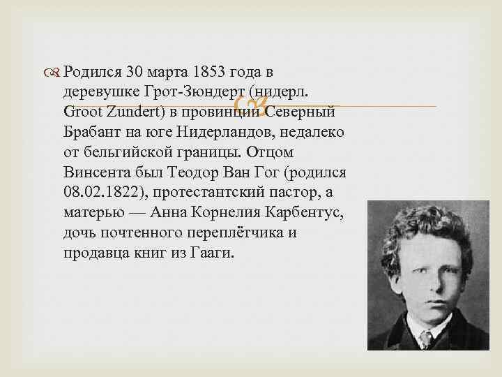  Родился 30 марта 1853 года в деревушке Грот-Зюндерт (нидерл. Groot Zundert) в провинции