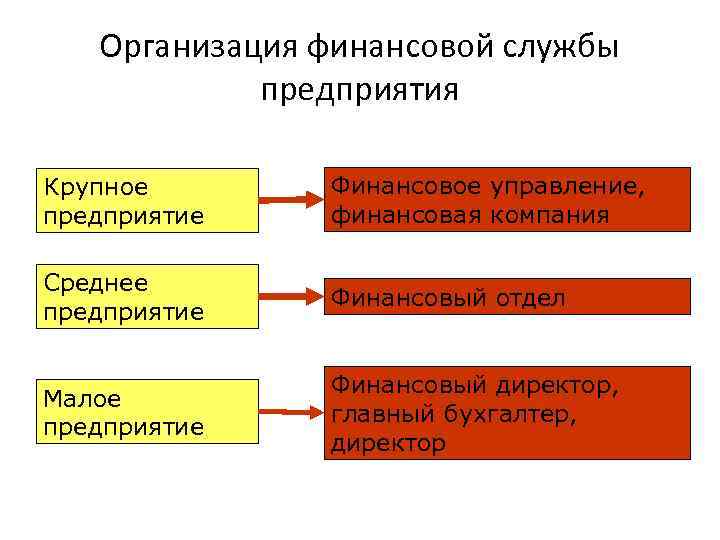 Организация финансовой службы предприятия Крупное предприятие Финансовое управление, финансовая компания Среднее предприятие Финансовый отдел