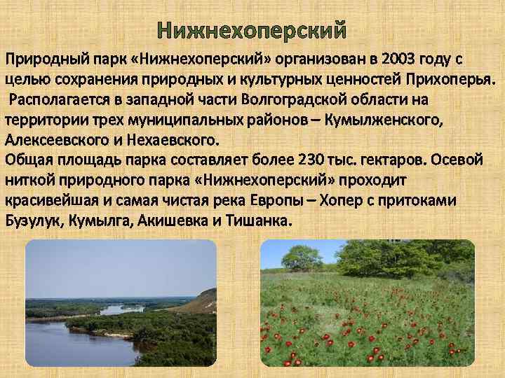 Нижнехоперский Природный парк «Нижнехоперский» организован в 2003 году с целью сохранения природных и культурных