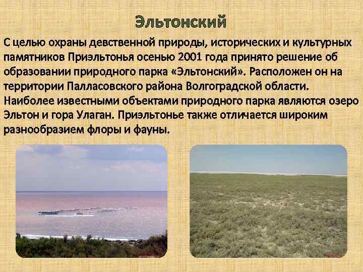 Эльтонский С целью охраны девственной природы, исторических и культурных памятников Приэльтонья осенью 2001 года