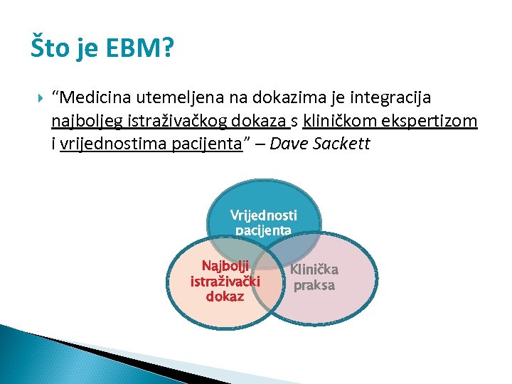 Što je EBM? “Medicina utemeljena na dokazima je integracija najboljeg istraživačkog dokaza s kliničkom