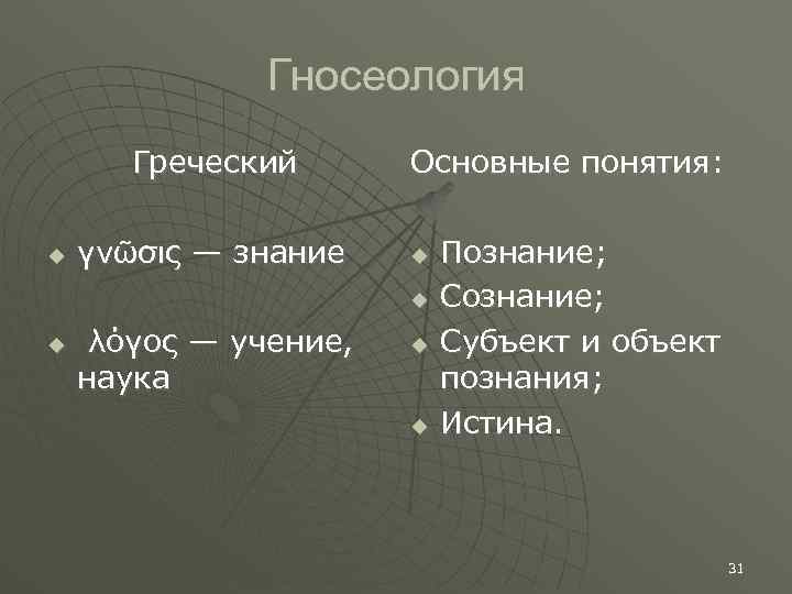 Гносеология Греческий γνῶσις — знание Основные понятия: λόγος — учение, наука Познание; Субъект и