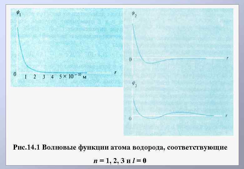 Рис. 14. 1 Волновые функции атома водорода, соответствующие n = 1, 2, 3 и