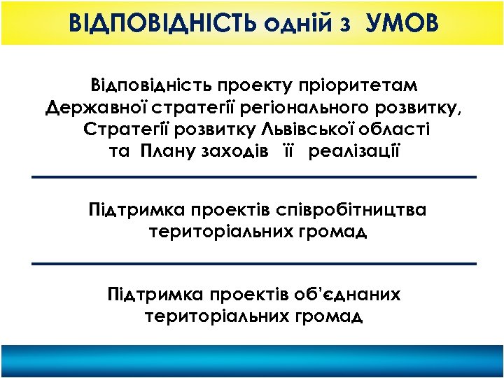 ВІДПОВІДНІСТЬ одній з УМОВ Відповідність проекту пріоритетам Державної стратегії регіонального розвитку, Стратегії розвитку Львівської