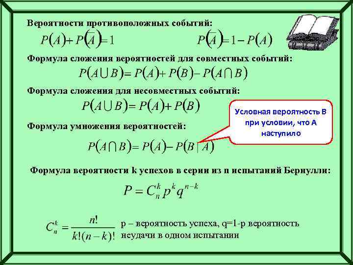 Вероятности противоположных событий: Формула сложения вероятностей для совместных событий: Формула сложения для несовместных событий: