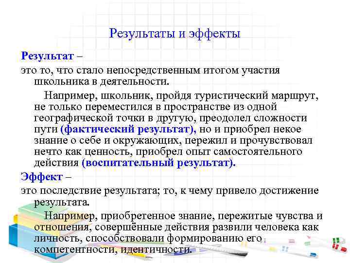 Результаты и эффекты Результат – это то, что стало непосредственным итогом участия школьника в