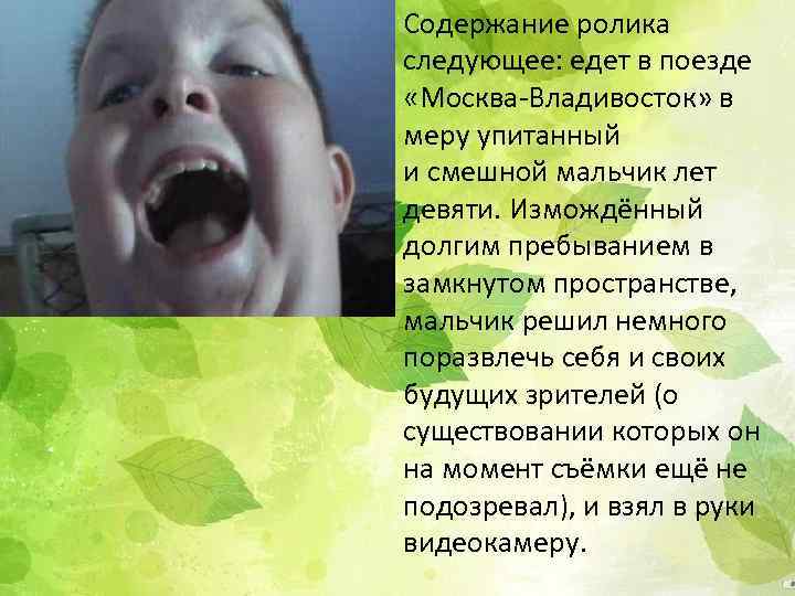 Содержание ролика следующее: едет в поезде «Москва-Владивосток» в меру упитанный и смешной мальчик лет