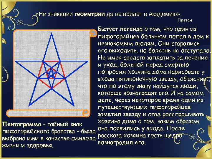  «Не знающий геометрии да не войдёт в Академию» . Платон Бытует легенда о