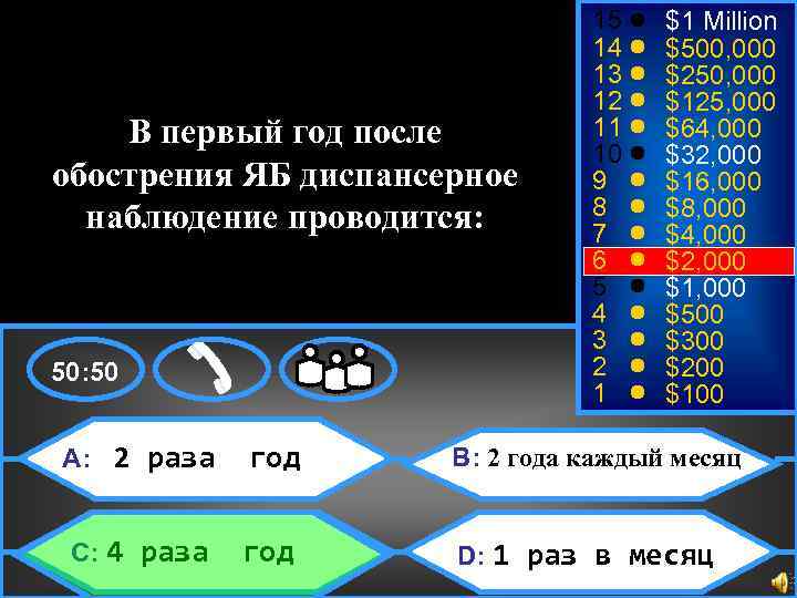 $2, 000 В первый год после обострения ЯБ диспансерное наблюдение проводится: 50: 50 15